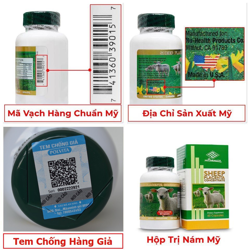 Viên Trắng Da Xóa Nám Nhau Thai Cừu Nuhealth của Mỹ Sheep Placenta Concentrate 60 viên