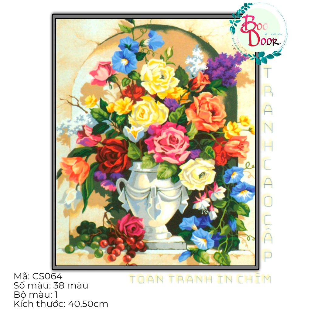 Tranh tô màu số hóa cảnh sắc bình hoa cổ- CS0064-Tranh in chìm cao cấp- Boodoor Tranh Sơn Dầu