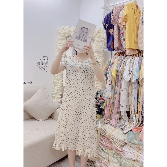 VÁY đũi CUTE váy mặc nhà chất mát hoạ tiết dễ thương bộ đồ ngủ nữ bộ pijama bộ mặc nhà chất đũi cực mát