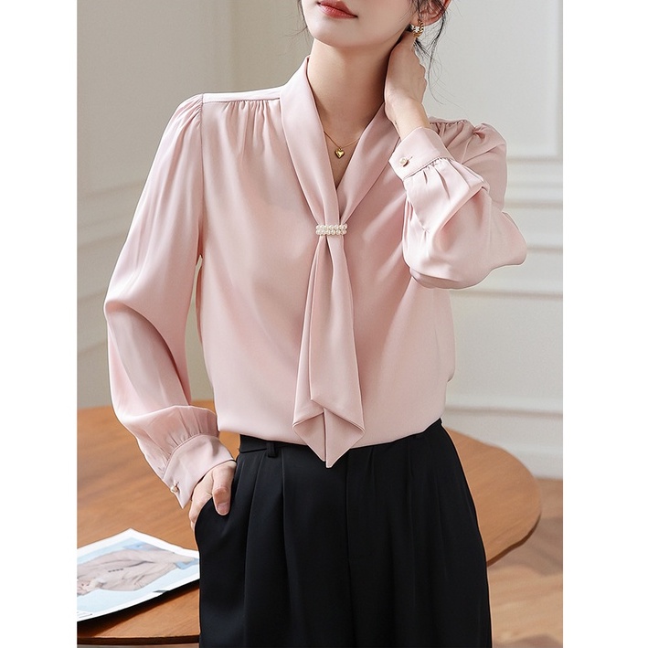 Áo Sơ Mi Cổ Bèo Màu Hồng Thanh Lịch Thời Trang Mùa Thu Phong Cách Sang Trọng Niche Chic OL