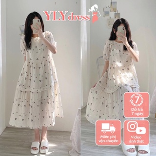  Set váy babydoll dáng dài váy đầm nữ cộc tay hoa nhí dáng suông form rộng kèm áo khoác cardigan đen đũi Ylydress C1001 