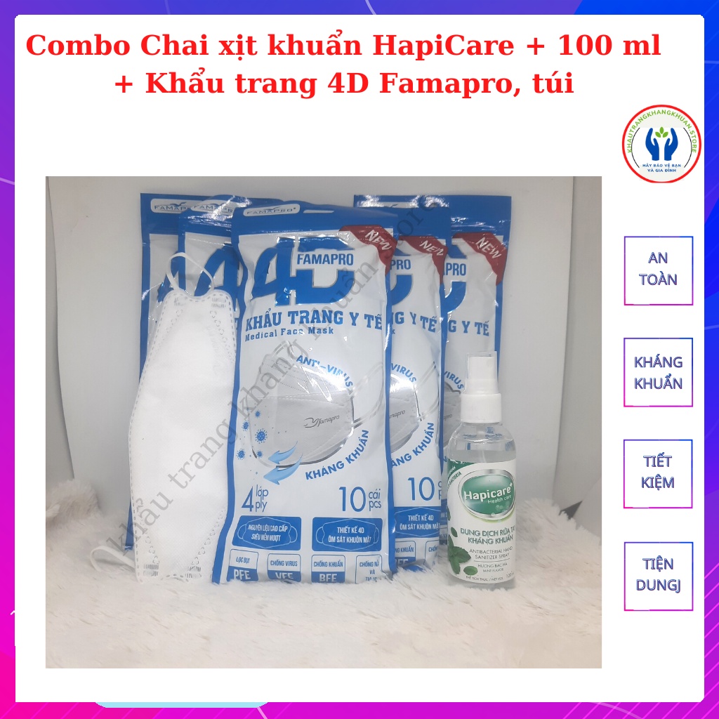 [COMBO 50+ 1] Chai xịt Khuẩn, khẩu trang 4D FAMAPRO (1 chai 100 ml + 50 cái khẩu trang loại xịn)