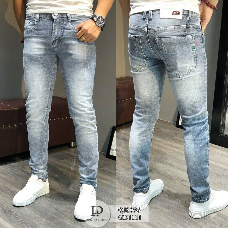 Quần jean nam rách gối xanh wash đẹp QJ5189