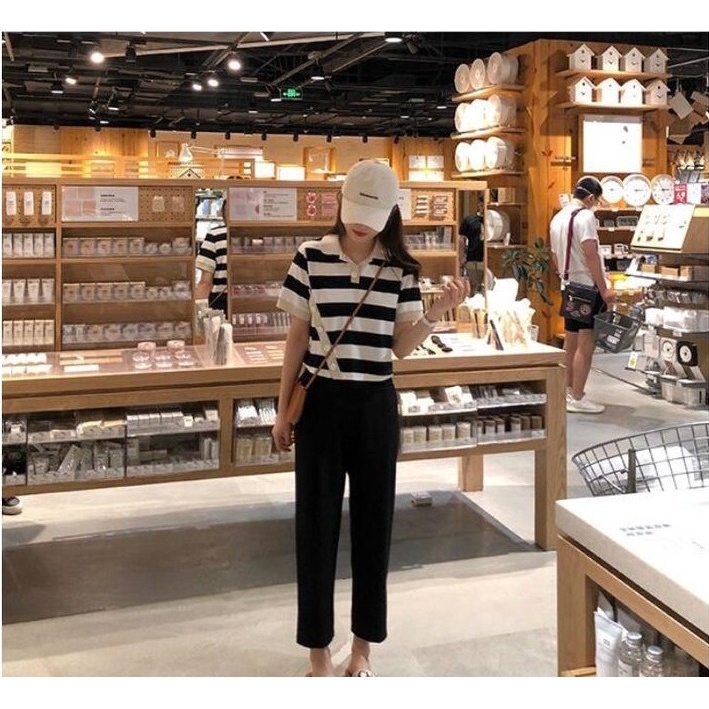 Áo Thun POLO Dệt Kim Tay Ngắn Dáng Rộng Kẻ Sọc Cá Tính