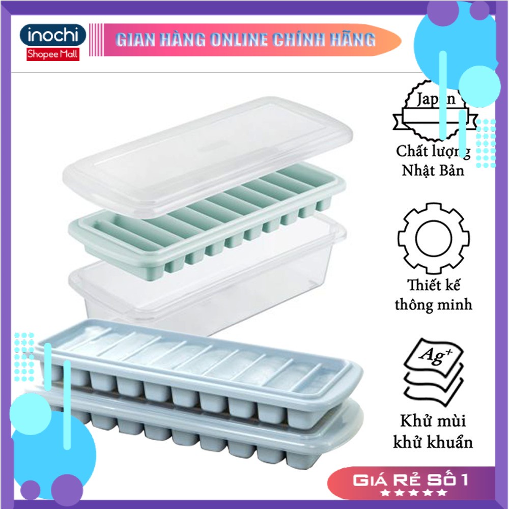 Khay đá - vỉ làm đá tủ lạnh khay 10 thanh có nắp đậy bằng nhựa nguyên sinh karu inochi Nhật Bản chính hãng cao cấp KLD01