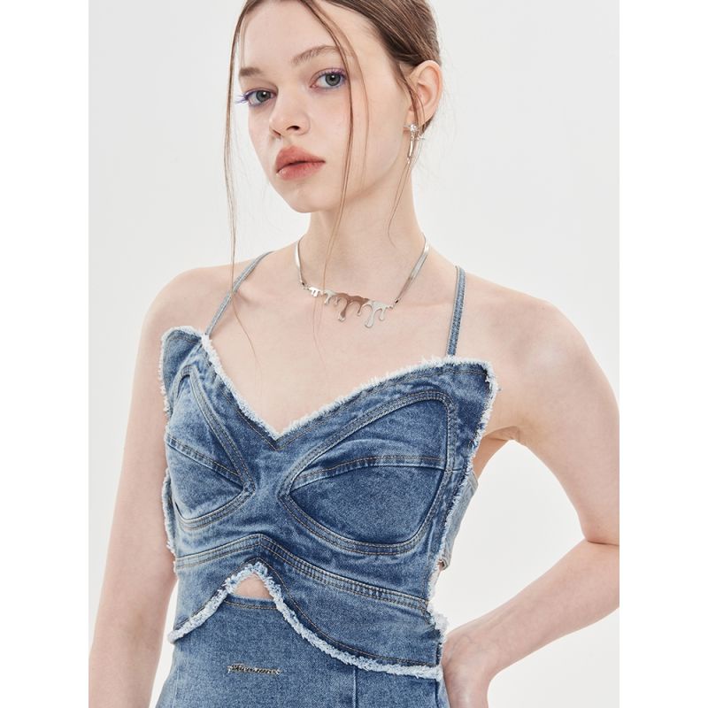 Đầm Denim Ngắn Hai Dây Thắt Nơ Phong Cách Retro Thời Trang Mùa Hè Mỹ Hàng Mới Dành Cho Bạn Nữ