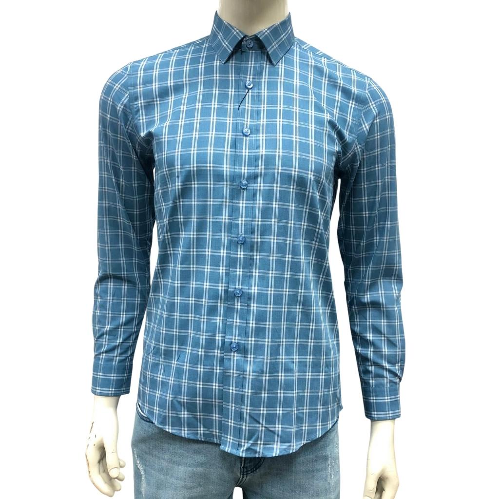 Áo sơ mi dài tay nam OWEN AS220951D công sở Vải Sợi Tre cao cấp Màu Kẻ caro xanh trắng Dáng Slim Fit Tà Lượn Không Túi