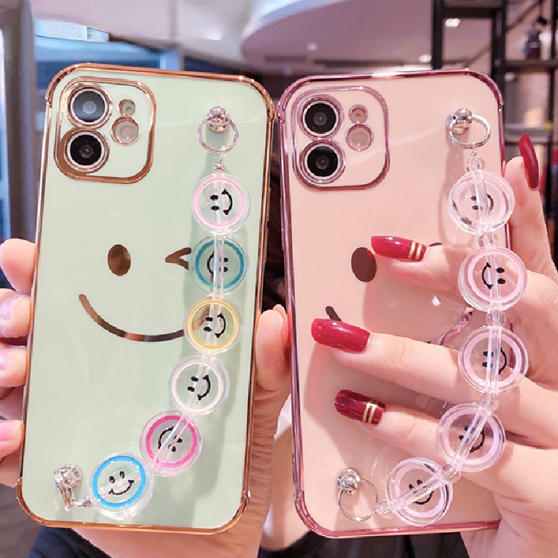 Ốp Điện Thoại Dẻo In Hình Mặt Cười Mạ Sang Trọng Có Dây Đeo Tay Cho iPhone 13 11 Pro 12 Mini 7 8 Plus X XR XS Max SE2