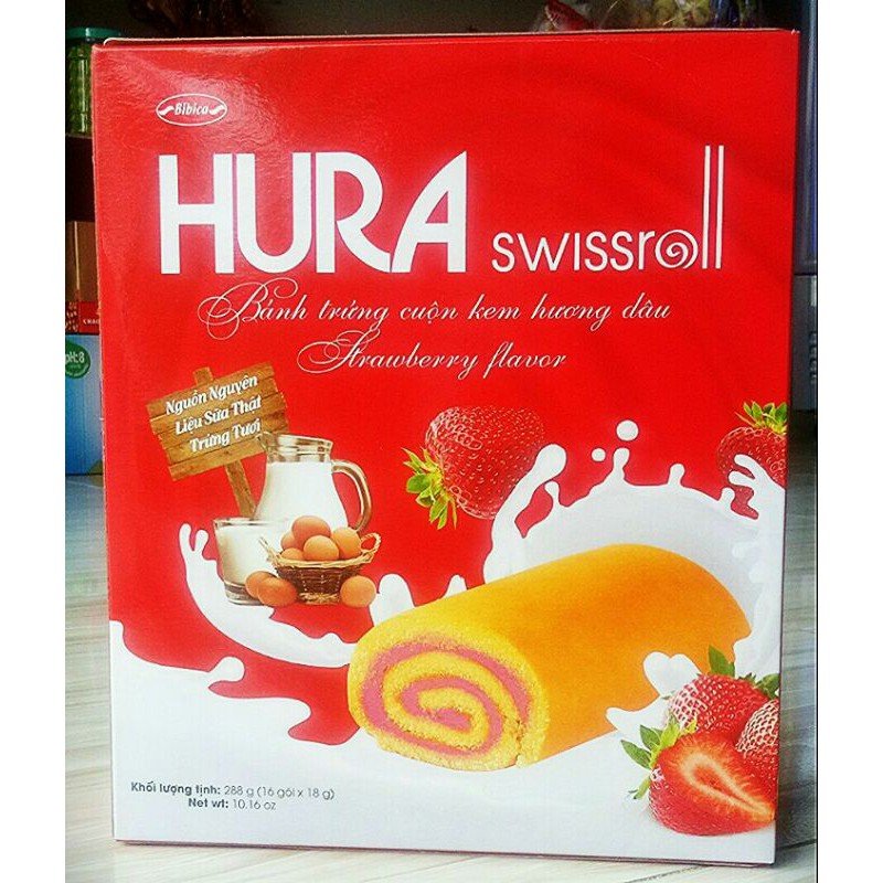 Bánh Bông Lan Hura Sữa Dâu Hộp 16 gói 288g
