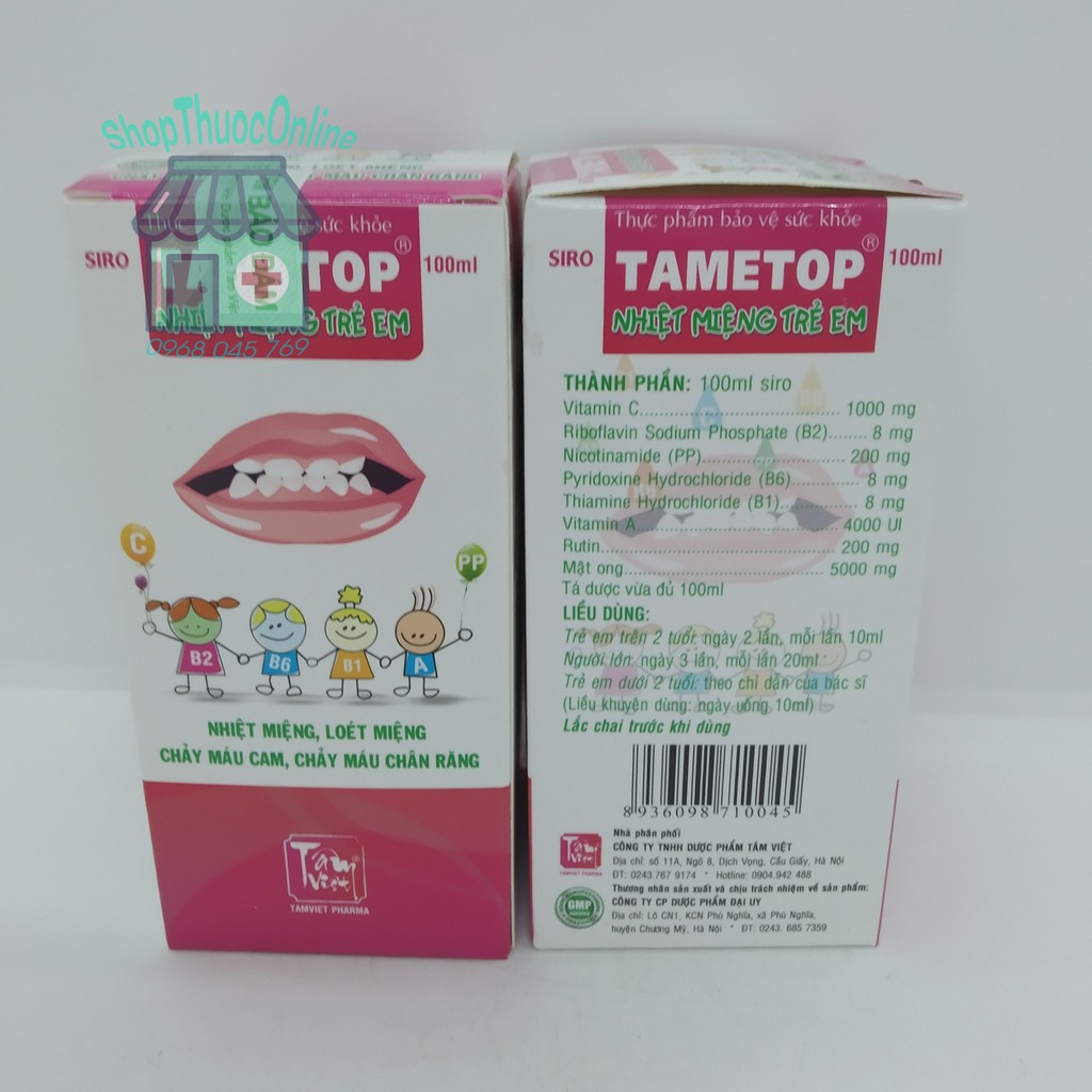 NHIỆT MIỆNG TRẺ EM - SIRO TAMETOP lọ 100ml - Giảm nhiệt miệng, loét miệng, chảy máu cam, cháy máu chân răng