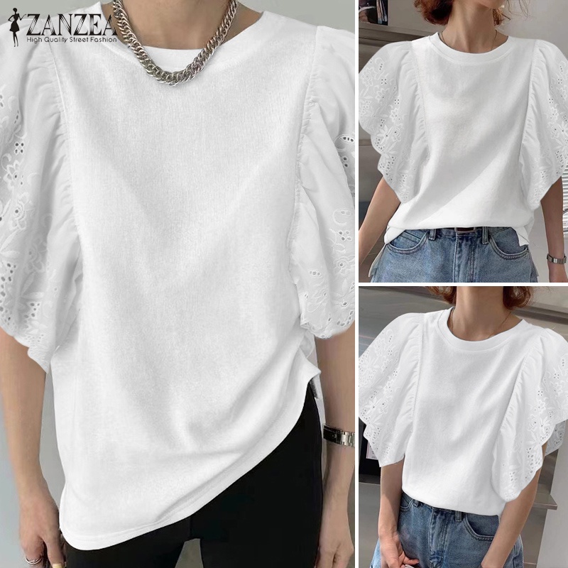 ZANZEA Áo Thun Tay Ngắn Cổ Tròn Phối Ren Thời Trang Cho Nữ