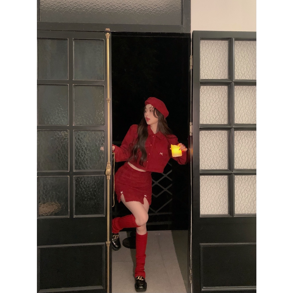 Set áo khoác croptop len lông đỏ tay dài sơ mi noel tết thu đông dày ấm cổ  hở eo + váy ôm ngắn lưng cao kèm vớ ulzzang