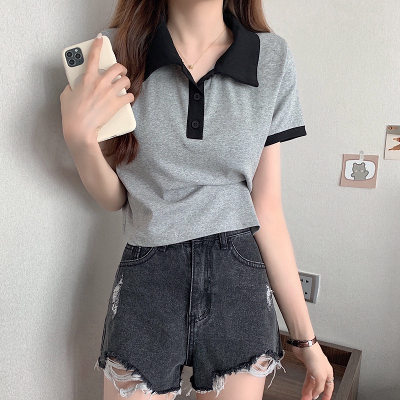 Áo thun polo IELGY tay ngắn cổ bẻ màu sắc tương phản thời trang đơn giản dành cho nữ