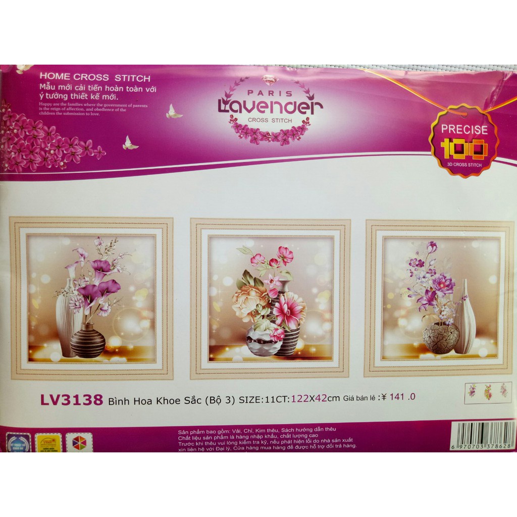 Tranh thêu chữ thập bình hoa 3 bức KT:122x42cm,tranh chưa thêu .Tặng kéo và xỏ chỉ