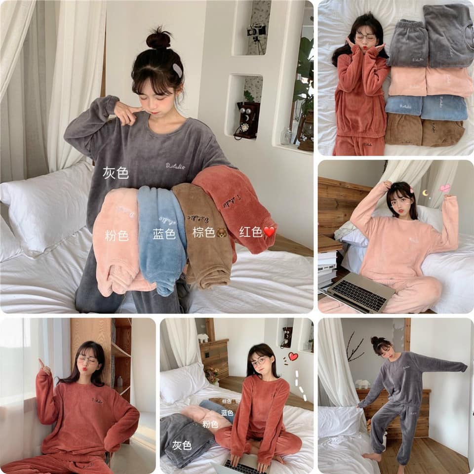 Bộ ngủ lông gấu nâu/bộ lông nơ cute lông 2 lớp siêu dày ấm (annstore_ảnh thật) | BigBuy360 - bigbuy360.vn