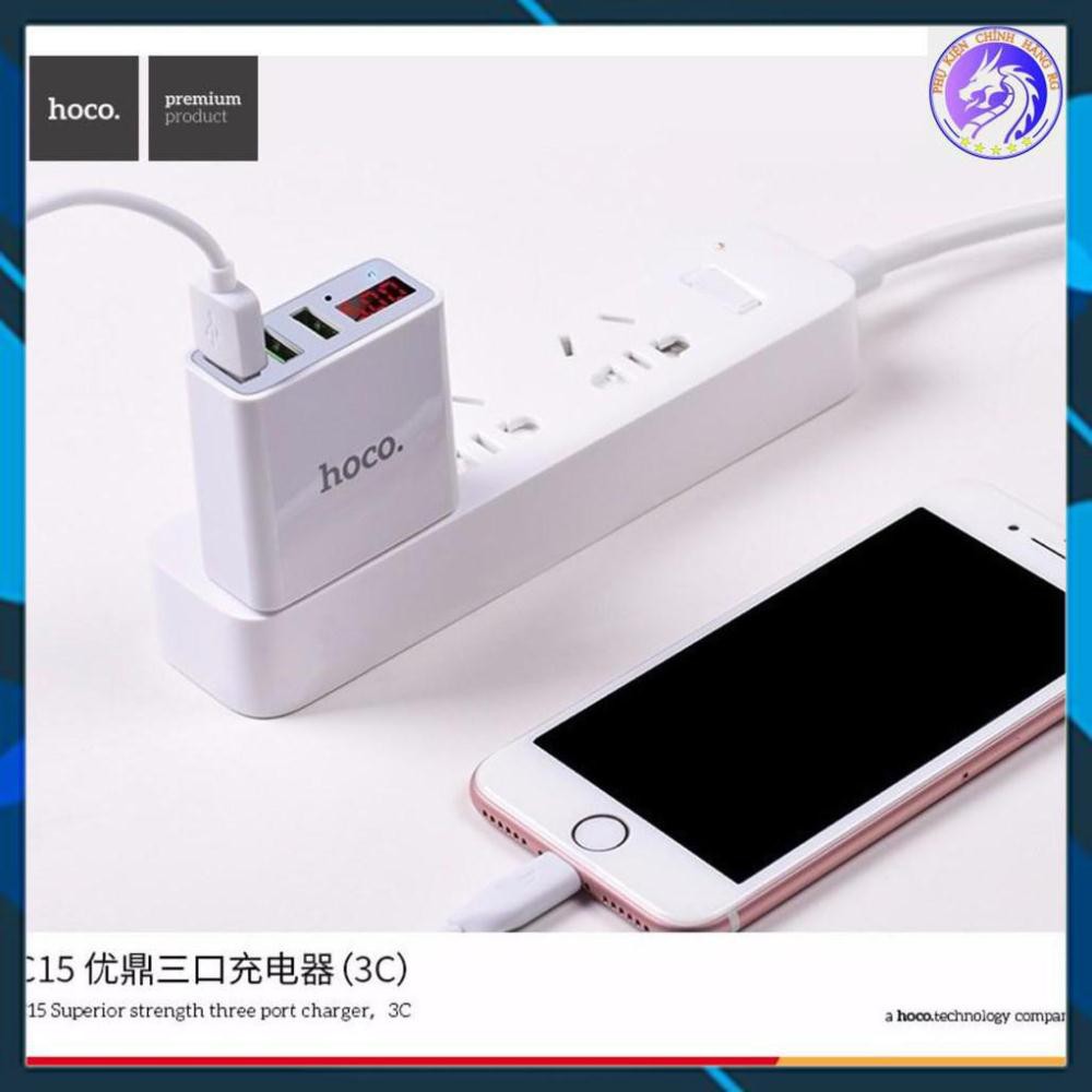 Củ sạc 3 cổng USB Hoco C15 có màn LED hiển thị đo dòng - Hàng Chính Hãng - Ổn định dòng cho Iphone/iPad/Android