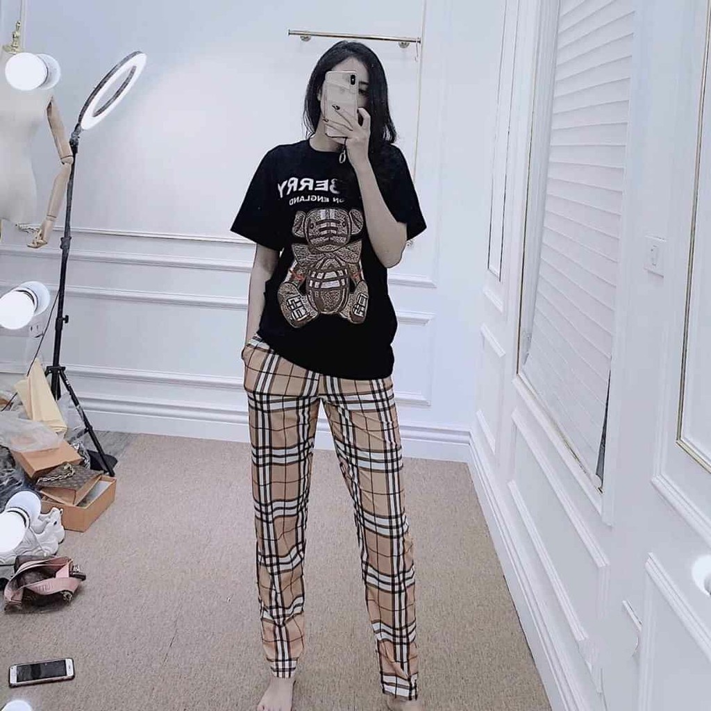 SET BỘ ĐỒ THÊU HÌNH GẤU KẺ BBR ÁO CỘC QUẦN DÀI