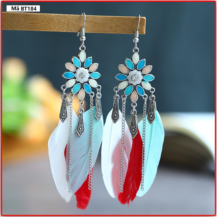 Bông tai Bohemian lông vũ thiết kế cánh hoa sen thả dài - Mã BT184