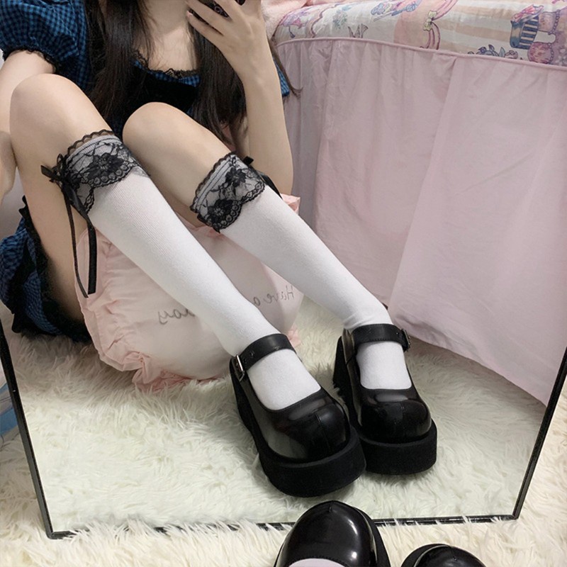 Đôi vớ cotton dài dưới gối phối ren đính nơ kiểu lolita nhật bản dễ thương cho nữ
