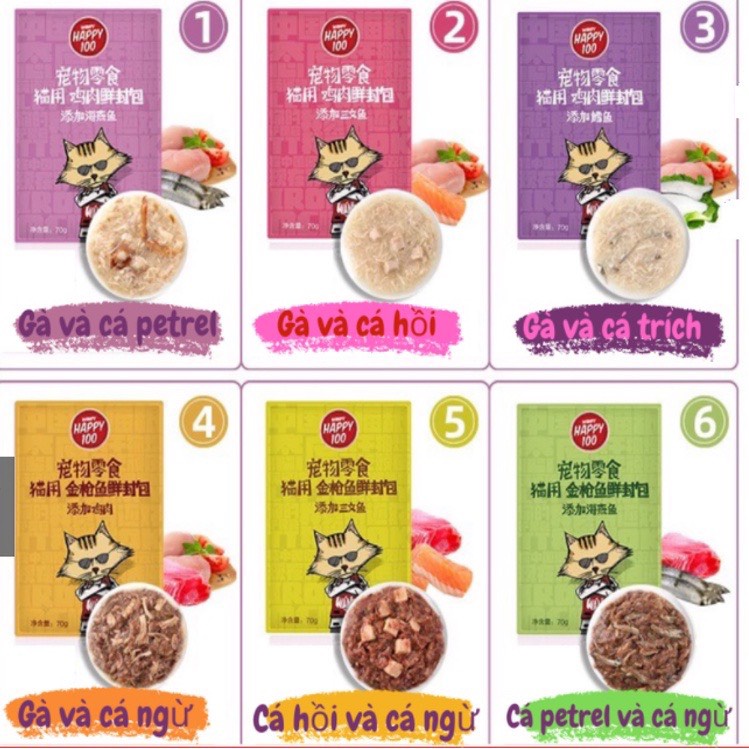 COMBO 6 Gói Pate WANPY HAPPY cho Mèo Mix 6 Vị Gói 70gr | Vie PETSHOP