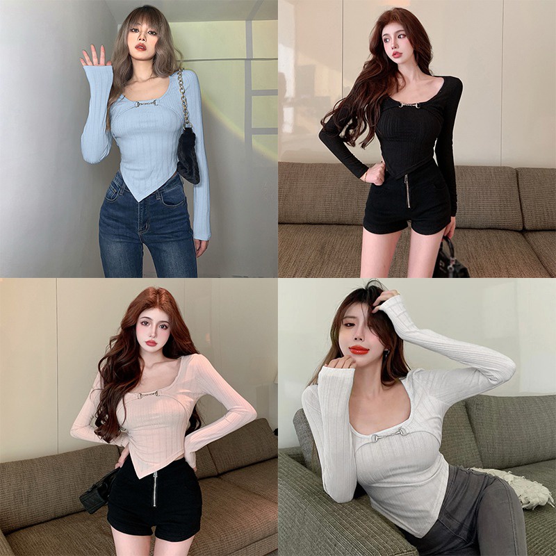 Áo Thun Tay Dài Giả Hai Lớp Màu Trơn Dáng Ôm Phong Cách Thời Trang Hàn Quốc Cho Nữ