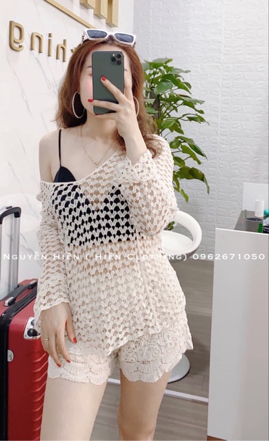 Set biển 2 món - áo tim sexy + quần ren hoa cạp nhỏ (có tách rời)