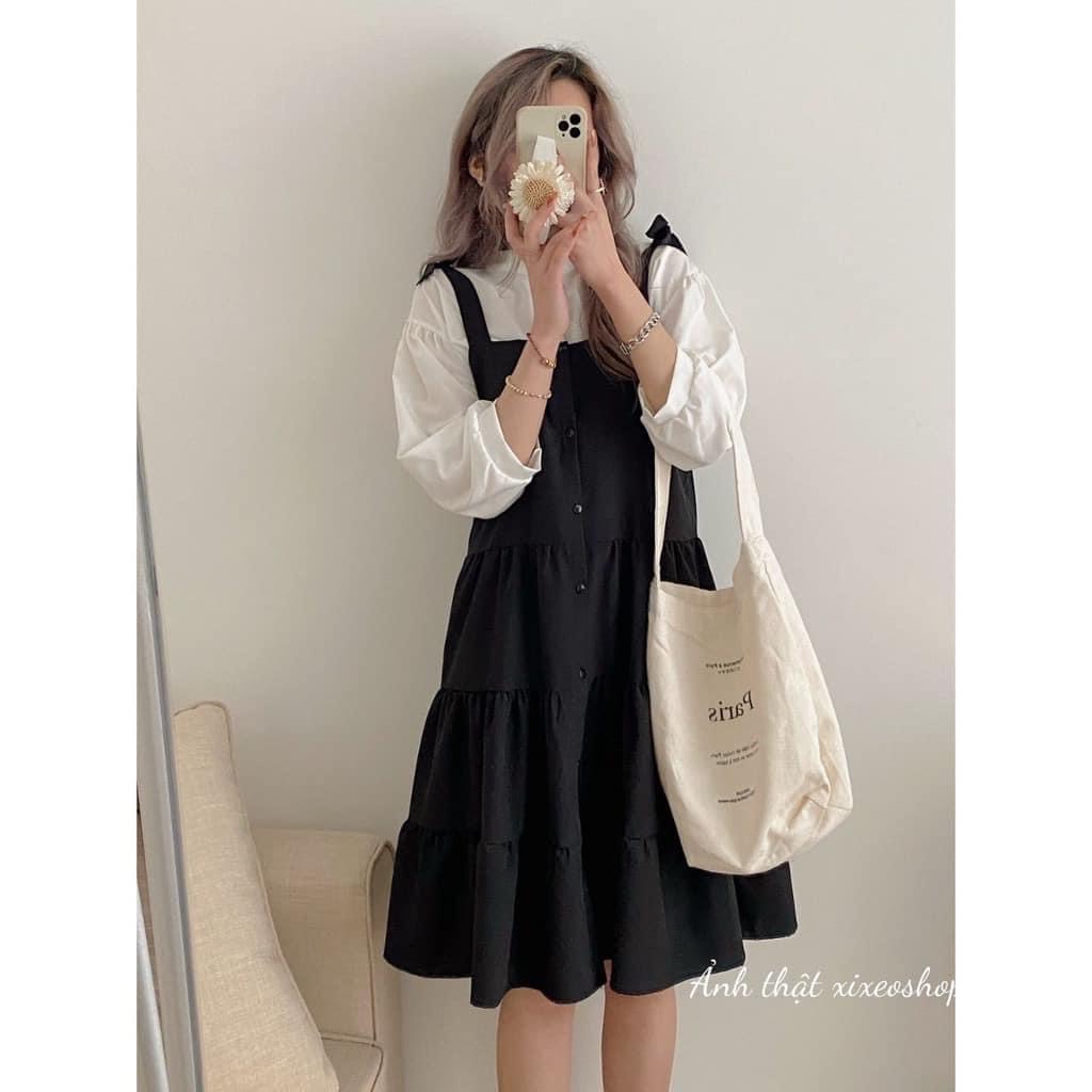 Sét yếm váy 2 dây babydoll Thắt nơ kèm sơ mi tay bồng cổ tàu chất voan phong cách ulzzang hàn quốc-TONGKHOQUANAO