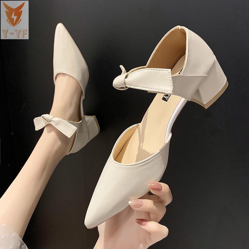 [High quality]Net celebrity fairy style pointed thick heel single shoes female 2021 spring and autumn new wild Baotou bow two high heels
