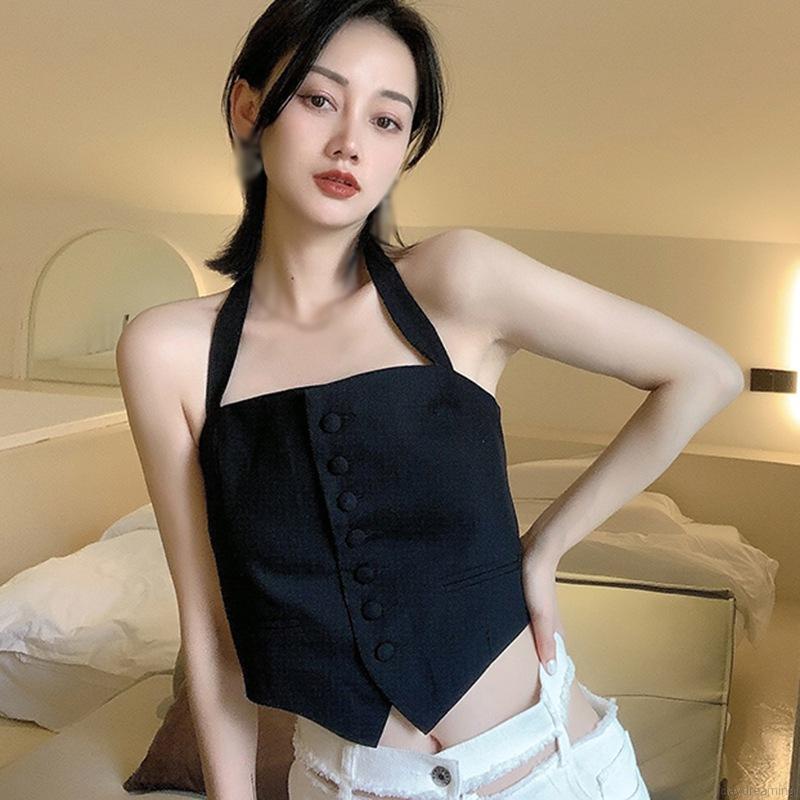 Áo croptop hai dây màu trơn ôm dáng phối hàng nút đơn sau lưng phong cách Hàn Quốc
