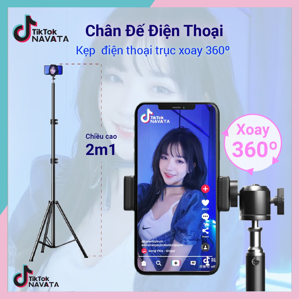 Chân đế điện thoại Tripod quay TikTok, chân đèn livestream giá đỡ Cao 2m1 loại chắc chắn chịu lực tốt