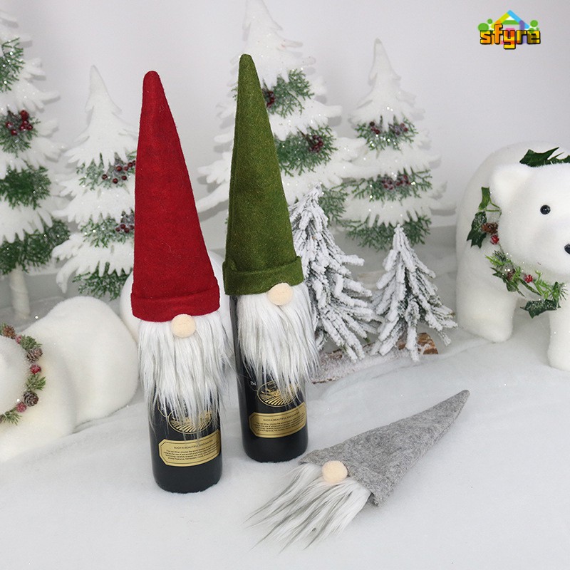 Set 1 / 5 Vỏ Bọc Chai Rượu Hình Ông Già Noel / Bộ Râu Và Nón Trang Trí Giáng Sinh