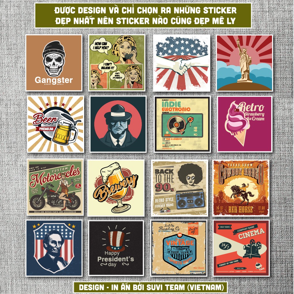 50 Sticker Vintage Cổ Điển chống nước sticker dán laptop, điện thoại, đàn guitar, mũ bảo hiểm, vali. MSP: V02