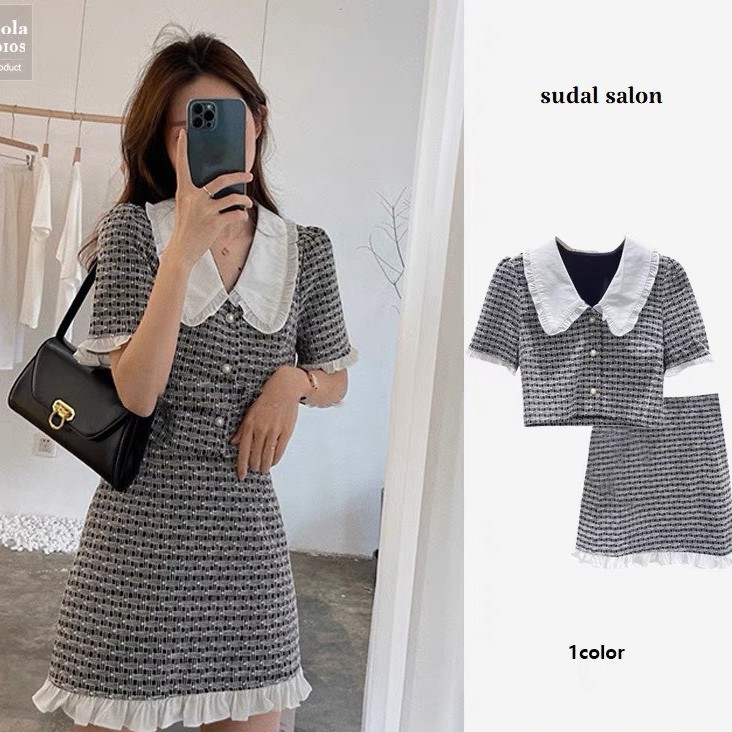 Set dạ cho nữ chân váy có quần kèm áo croptop cổ tròn Mẫu mới 2021