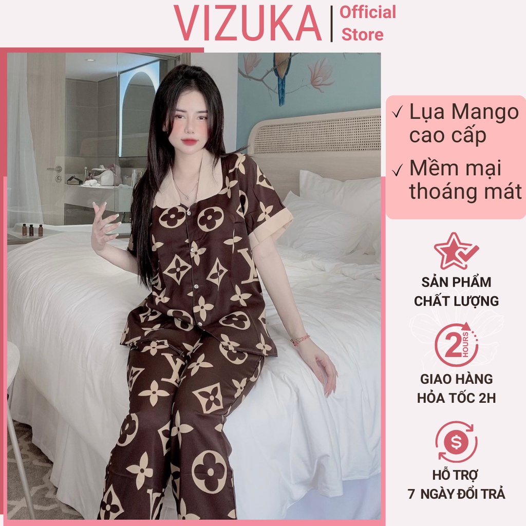 Đồ bộ pijama nữ lụa tay ngắn quần dài mango hoạ tiết dễ thương VIZUKA