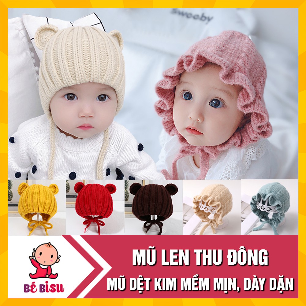 Mũ len dệt kim thu đông (có dây buộc), giữ ấm cho bé từ 4 tháng- 3 tuổi