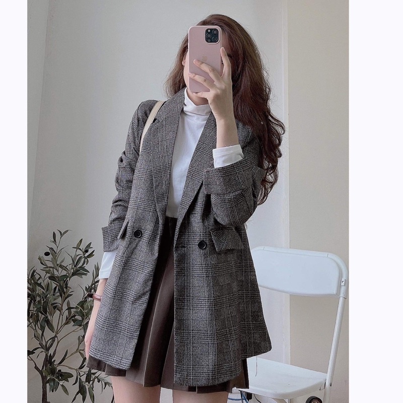 [HÀNG SẴN]ÁO BLAZER DẠ KẺ tay gập dáng dài/Áo vest dạ kẻ caro