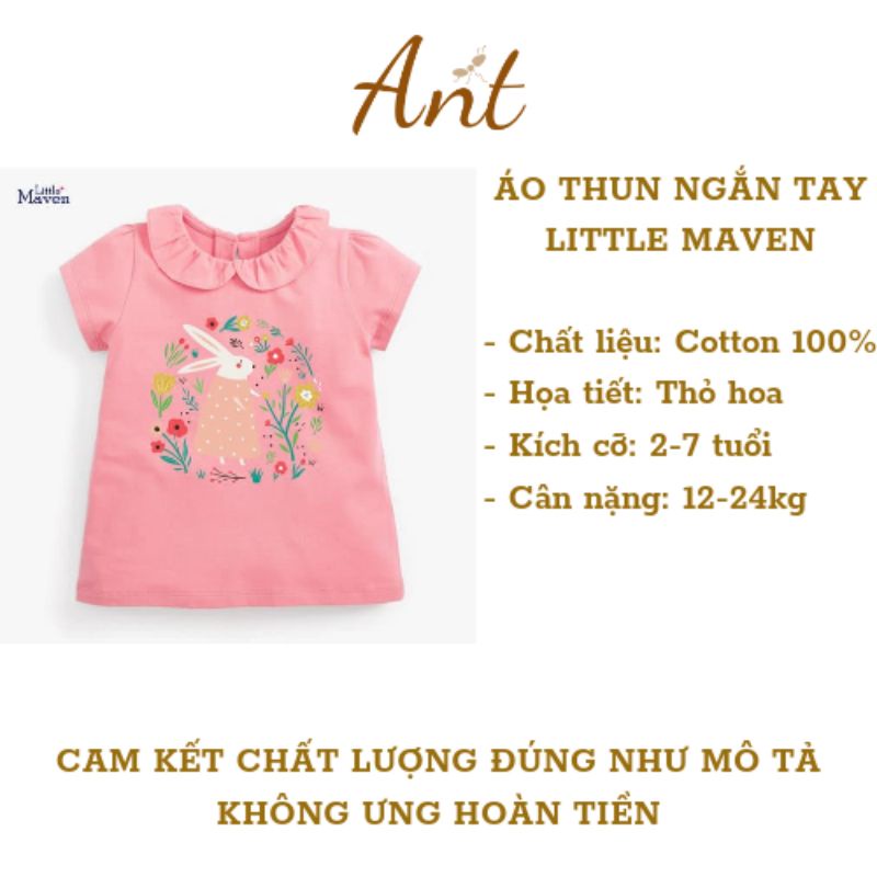 Áo Thun Bé Gái, Áo Cộc Tay Little Maven 100% Chất Cotton Mềm Mát Cho Bé 12-24kg Từ 2-7 Tuổi Hình Thỏ Hồng