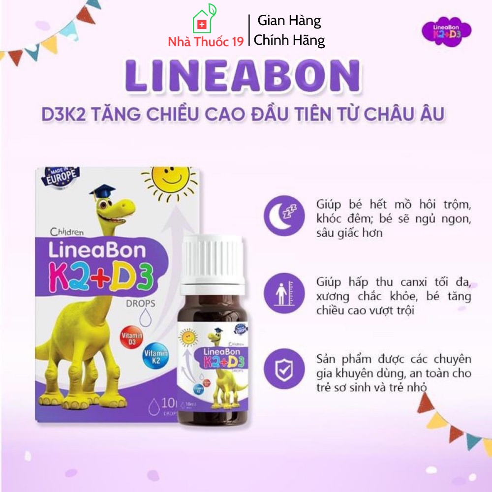 Lineabon D3 K2 Vitamin D3 K2 MK7 Drop nhỏ giọt cho trẻ sơ sinh giúp tăng hấp thu Canxi Phát triển chiều cao cho bé 10ml