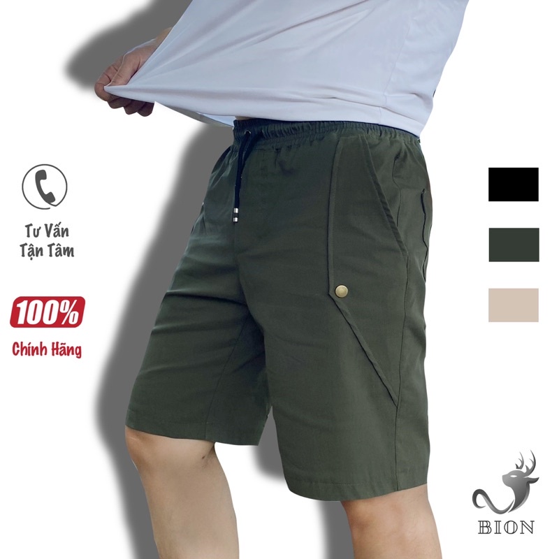 Quần short túi hộp nam BiOn, túi chéo khuy cách điệu, ngố đùi kaki co giãn, thiết kế phối túi trẻ trung, BigSize