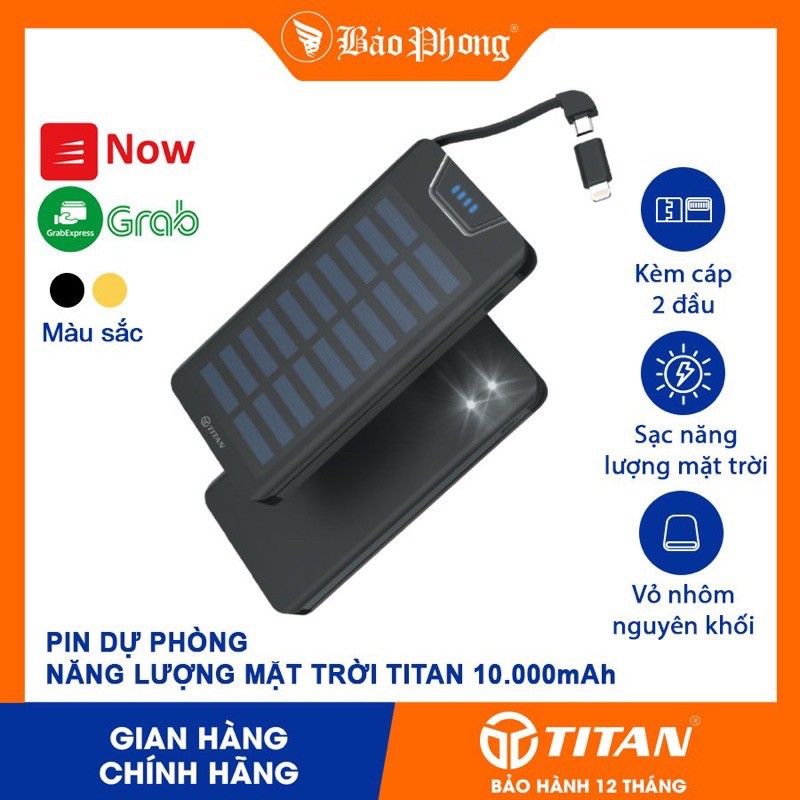 Pin dự phòng năng lượng mặt trời 10000mAh chính hãng TITAN PA16 liền dây cáp sạc cho iphone iPad Samsung Oppo xiaomi ip