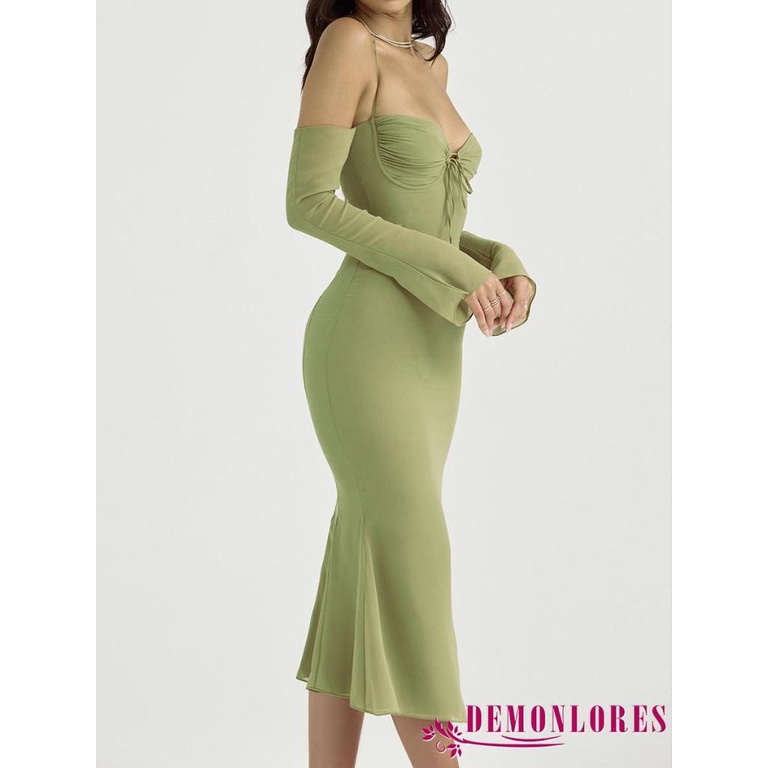 Đầm Đuôi Cá Tay Dài Cổ Khoét Sâu Màu Sắc Trơn Thanh Lịch Cho Nữ