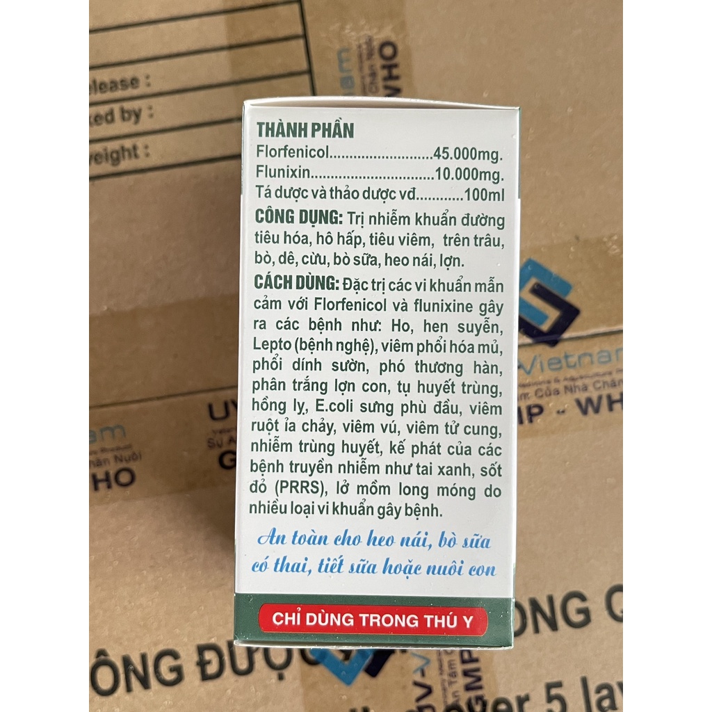 Thuốc Flu-Fenicol LA cao cấp 5 trong 1 đặc trị hen suyễn, viêm màng phổi, E.coli, phó thương hàn, LMLM,...