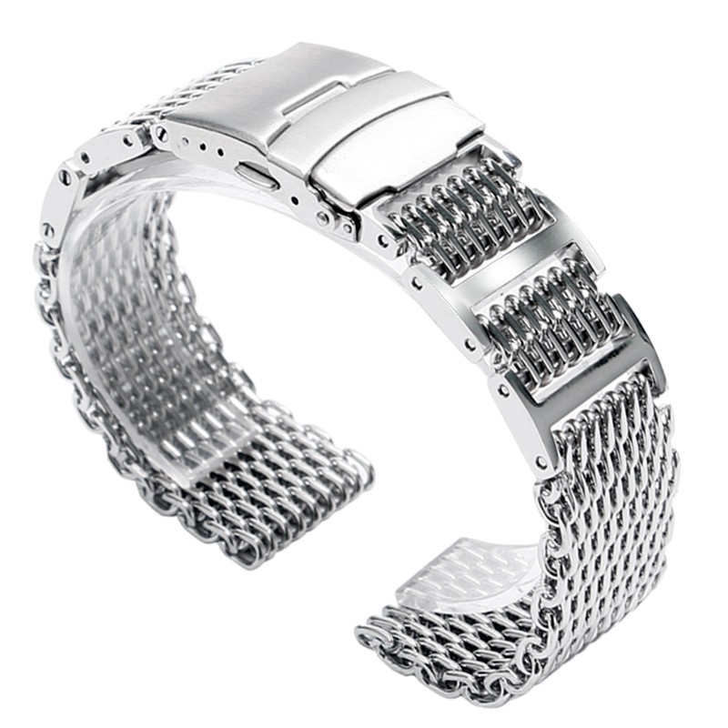 20/22/24mm Stainless Steel Silver Shark Mesh Bracelet Strap