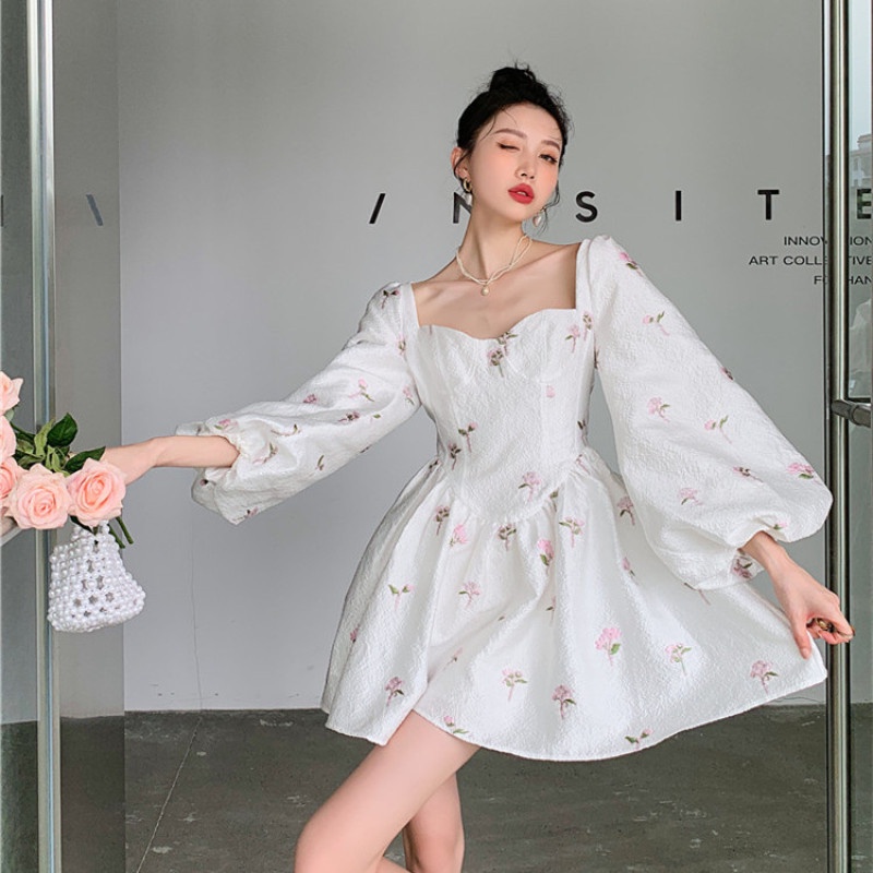 Đầm Tay Phồng Cổ Vuông Thời Trang Mùa Hè Phong Cách Retro Dễ Phối Đồ