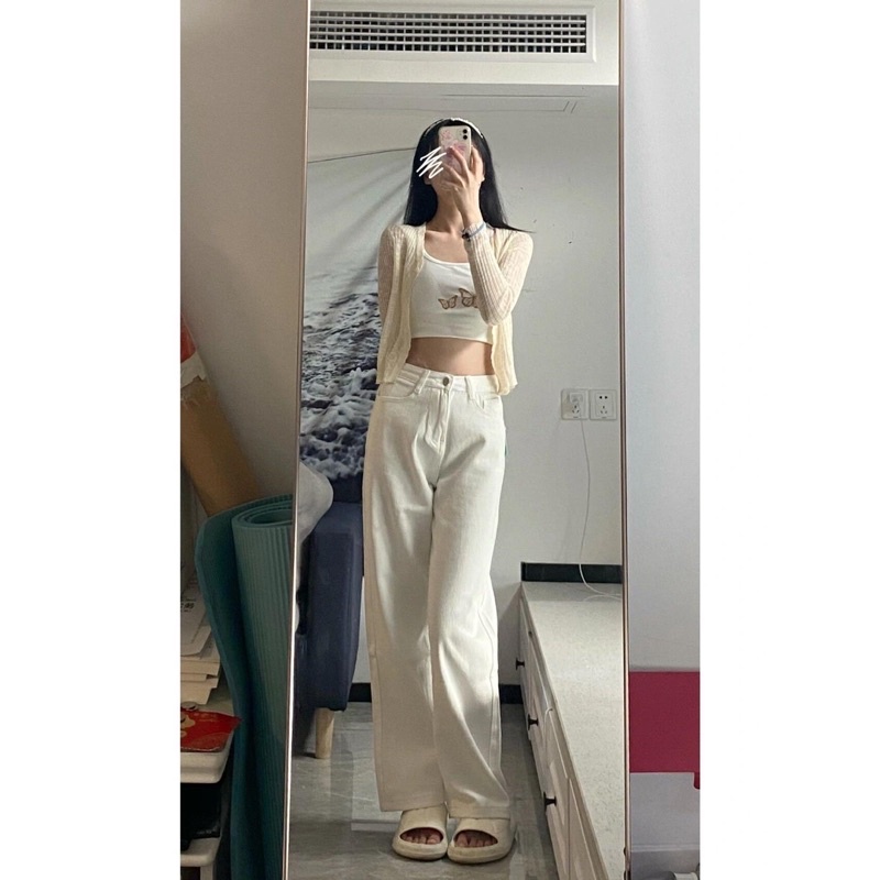 Quần jean suông ống tocjean rộng cạp cao nữ màu trắng