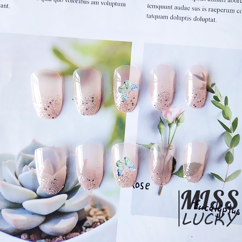 (Hàng Mới Về) Set 24 Móng Tay Giả Dáng Dài Phối Họa Tiết Bướm Xinh Xắn