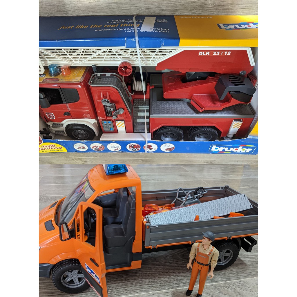 Combo 2 xe đồ chơi: Xe Cứu Hỏa Than BRUDER BRU03590 + Xe chuyên chở Mercedes-benz  BRUDER BRU02537