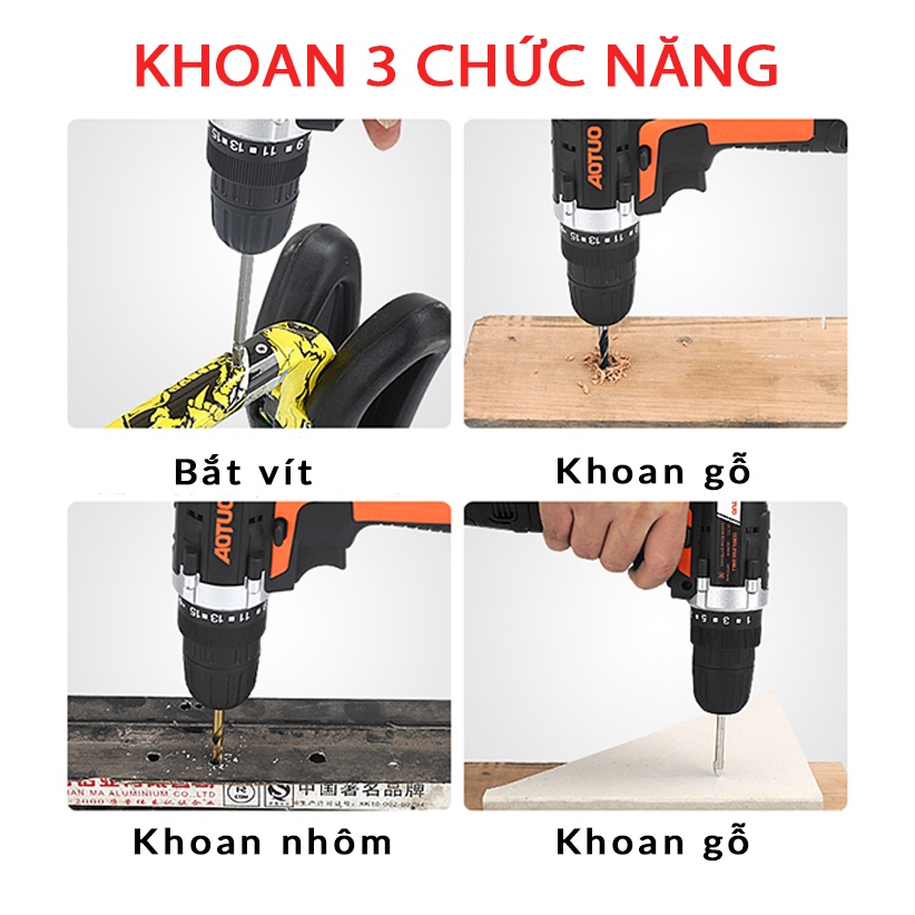 KHOAN CẦM TAY AOTUO 12v - Bắt Vít, Khoan Lỗ, gỗ, gạch, nhôm, tôn, bắn thạch cao...Tặng mũi khoan