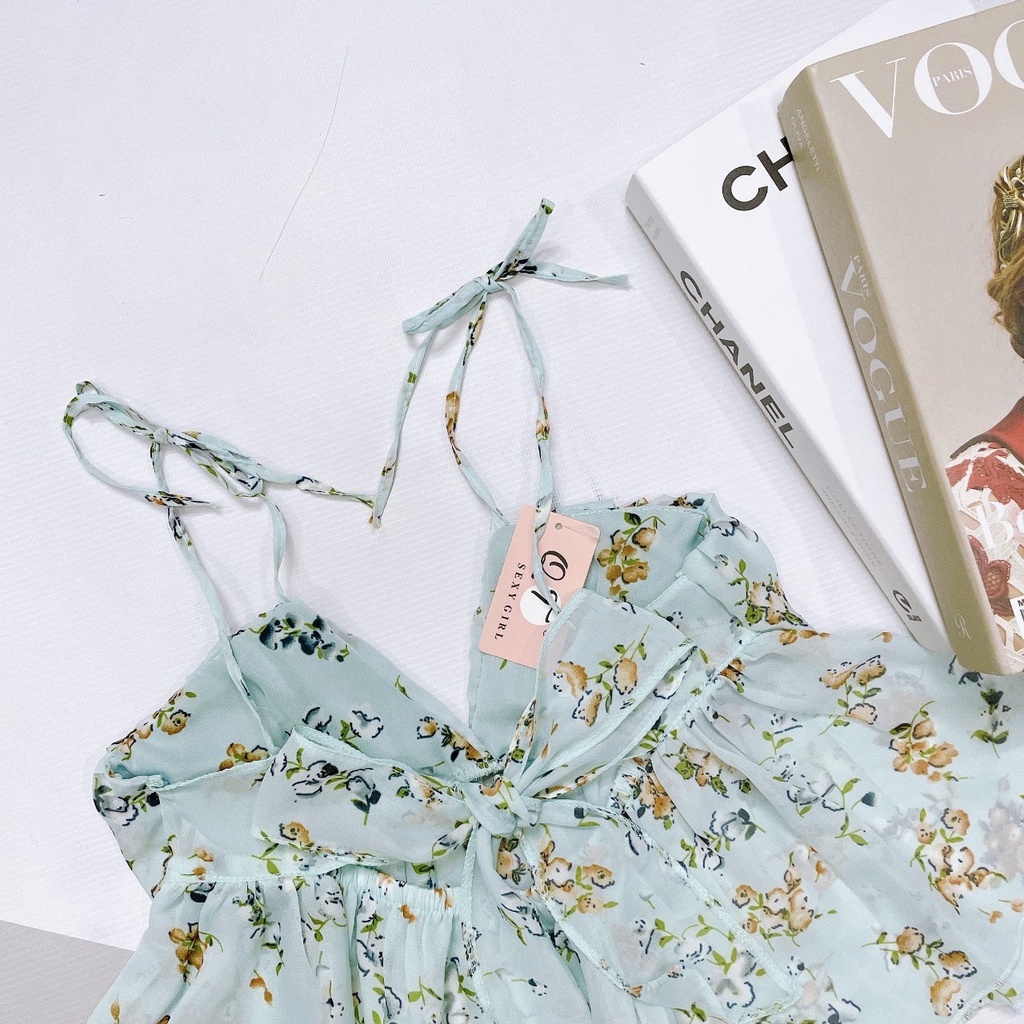 Đồ ngủ nữ Linqu Store áo 2 dây gợi cảm áo voan hoa có mút ngực, quần satin mềm mát dưới 60kg