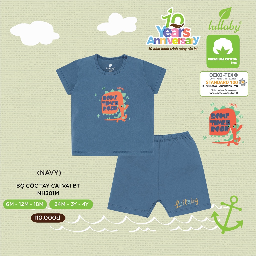 Bộ cộc tay Lullaby cotton cao cấp mềm thoáng mát in hình đáng yêu cho bé trai NH301M